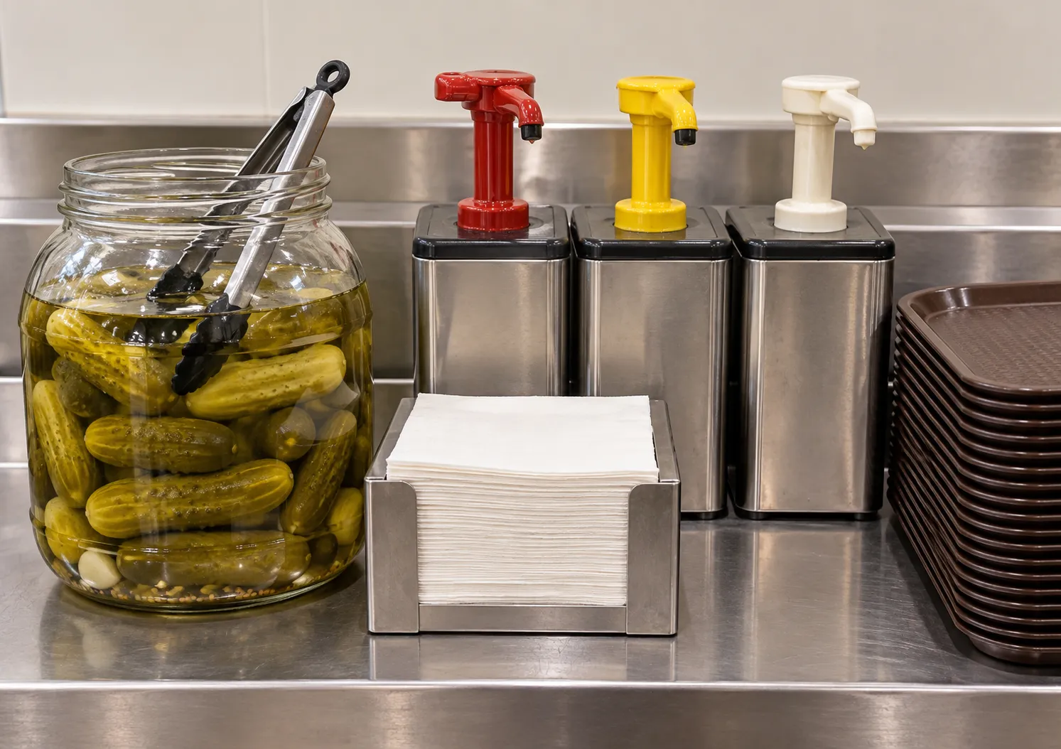 Self-serve condiment station with a large glass jar of whole pickles and tongs, stacked napkins and sauce dispensers on a stainless counter