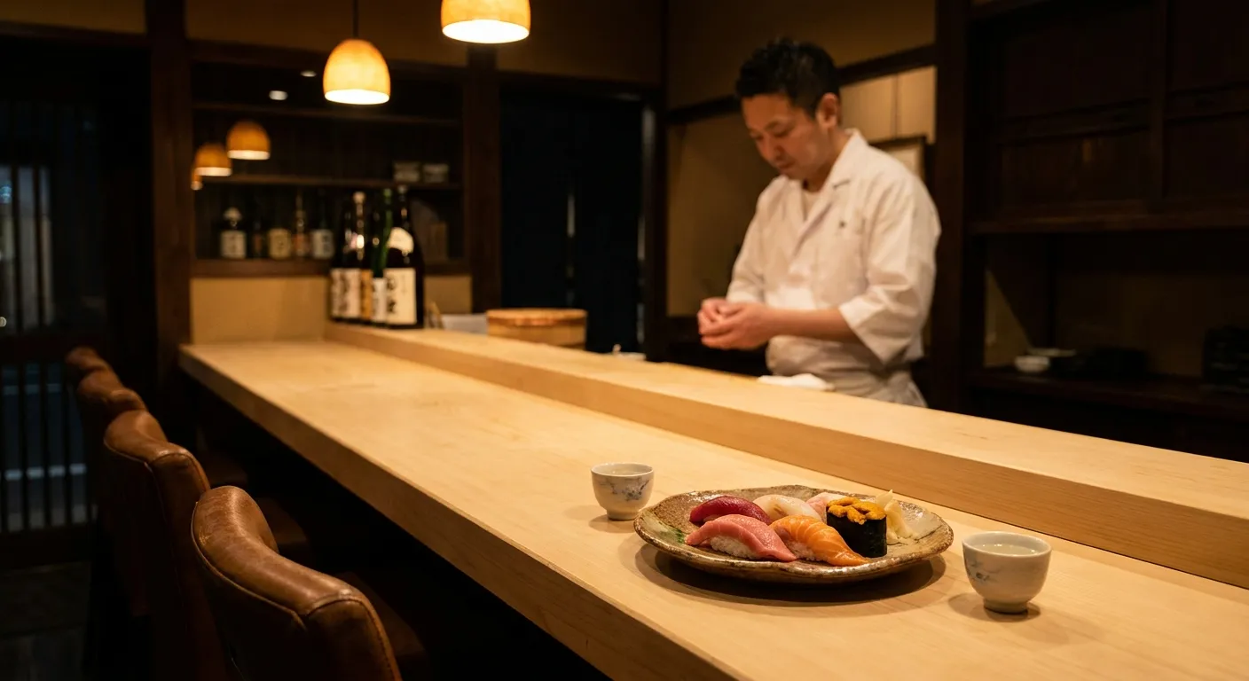 Two counter seats at an intimate sushi bar with sake glasses and a shared plate of nigiri in warm low light