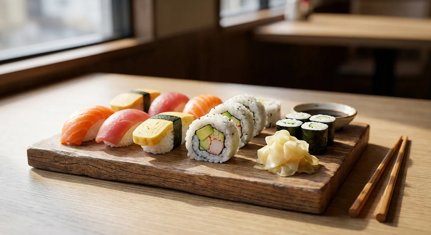 A varied beginner-friendly sushi platter of nigiri and rolls on a wooden board with soy sauce and ginger