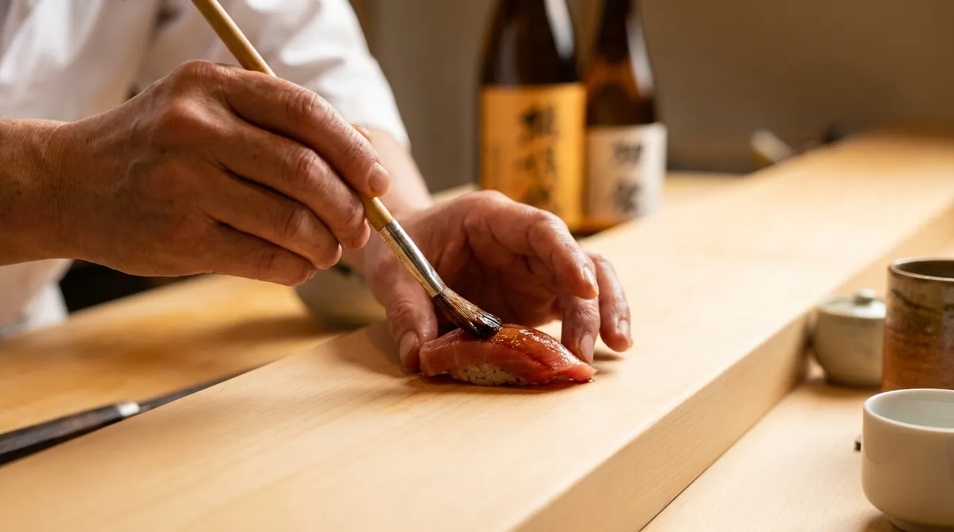 Close-up of a chef's hands brushing nikiri glaze onto nigiri at an omakase counter