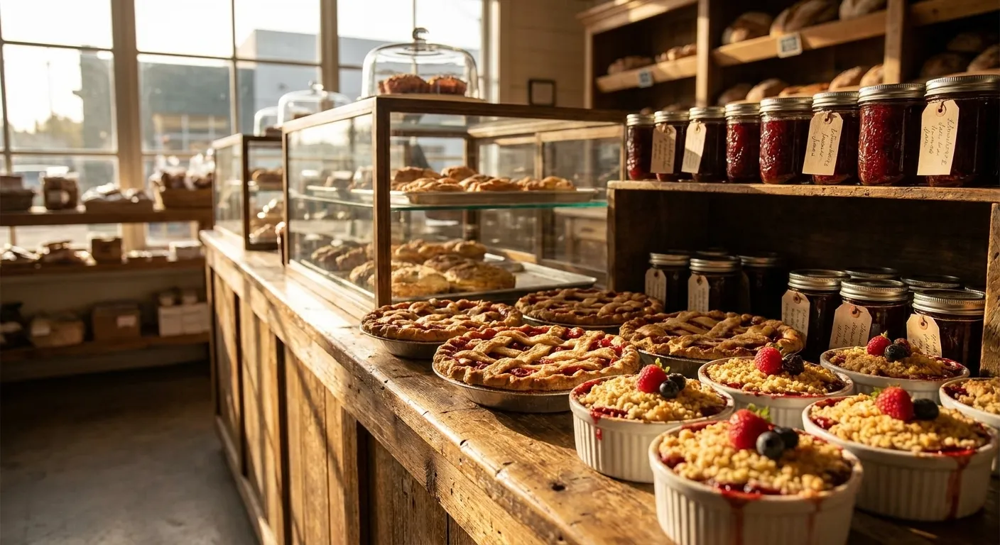 Bakery counter displaying fresh strawberry pies, cobblers, and jam jars with handwritten price labels