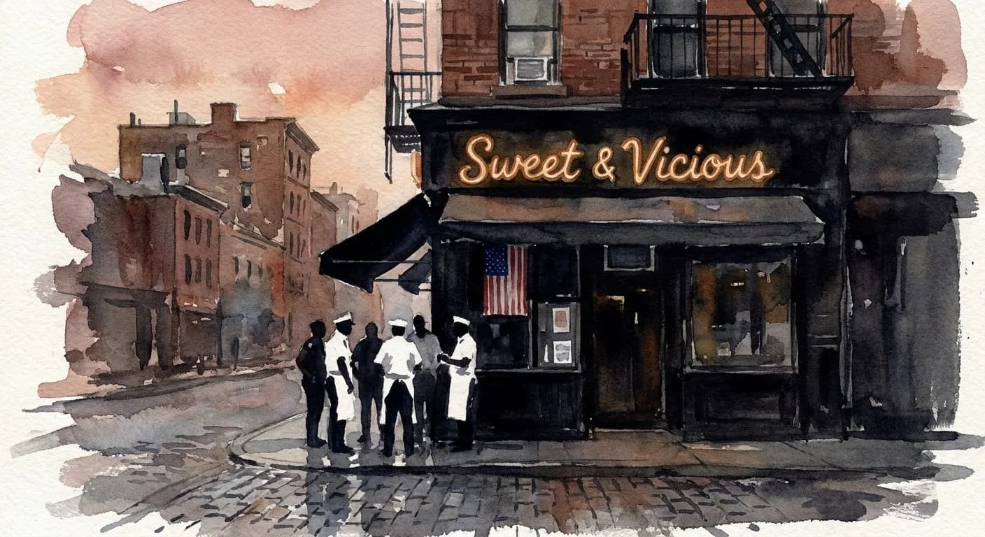 AI-generated watercolor: exterior of Sweet and Vicious bar on Spring Street in NYC Nolita during Fleet Week, the small dark storefront with a single neon sign glowing warm ochre rendered impressionistically, four or five U.S. Navy sailors in dress white uniforms as pure dark and white silhouettes gathered on the sidewalk, the cobblestone Spring Street in the foreground, a small American flag visible in the window, dusty pink twilight sky over the brick tenement rooftops