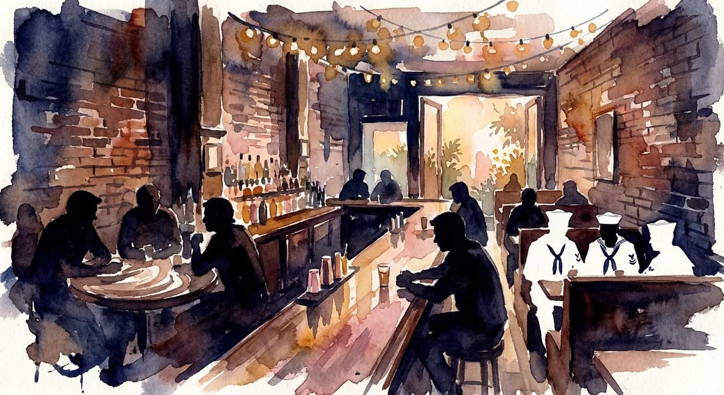 AI-generated watercolor: interior of a dim Lower East Side dive bar in NYC during Fleet Week, exposed brick walls and small round tables rendered impressionistically, a long wooden bar with bottles glowing warm ochre and dusty pink, eight or nine patrons as pure dark silhouettes mixed with two or three white-uniformed sailor silhouettes seated together at booths and the bar, a string of small white lights overhead as warm ochre dots, the back doorway opening to a candlelit garden patio glowing as soft warm light
