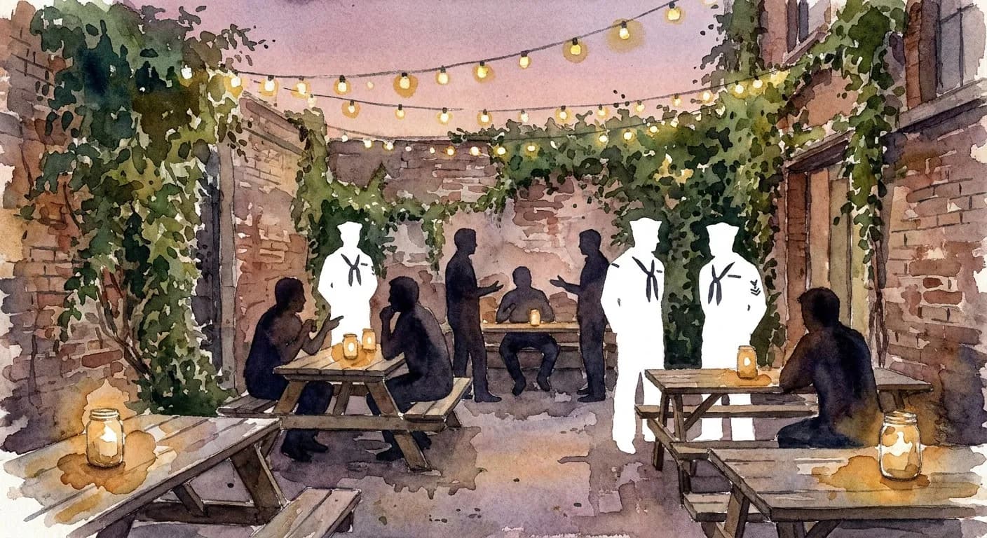 AI-generated watercolor: the back garden patio of a Lower East Side bar in NYC on a warm May evening, small wooden picnic tables and overgrown ivy on the brick walls rendered impressionistically, candles in mason jars as soft warm ochre points of light scattered across the tables, six or seven patrons as pure dark silhouettes seated and standing in conversation, two or three Navy sailors in dress white as bright silhouettes among them, dusty pink fading twilight sky overhead, string lights hung between brick walls as warm yellow ochre dots