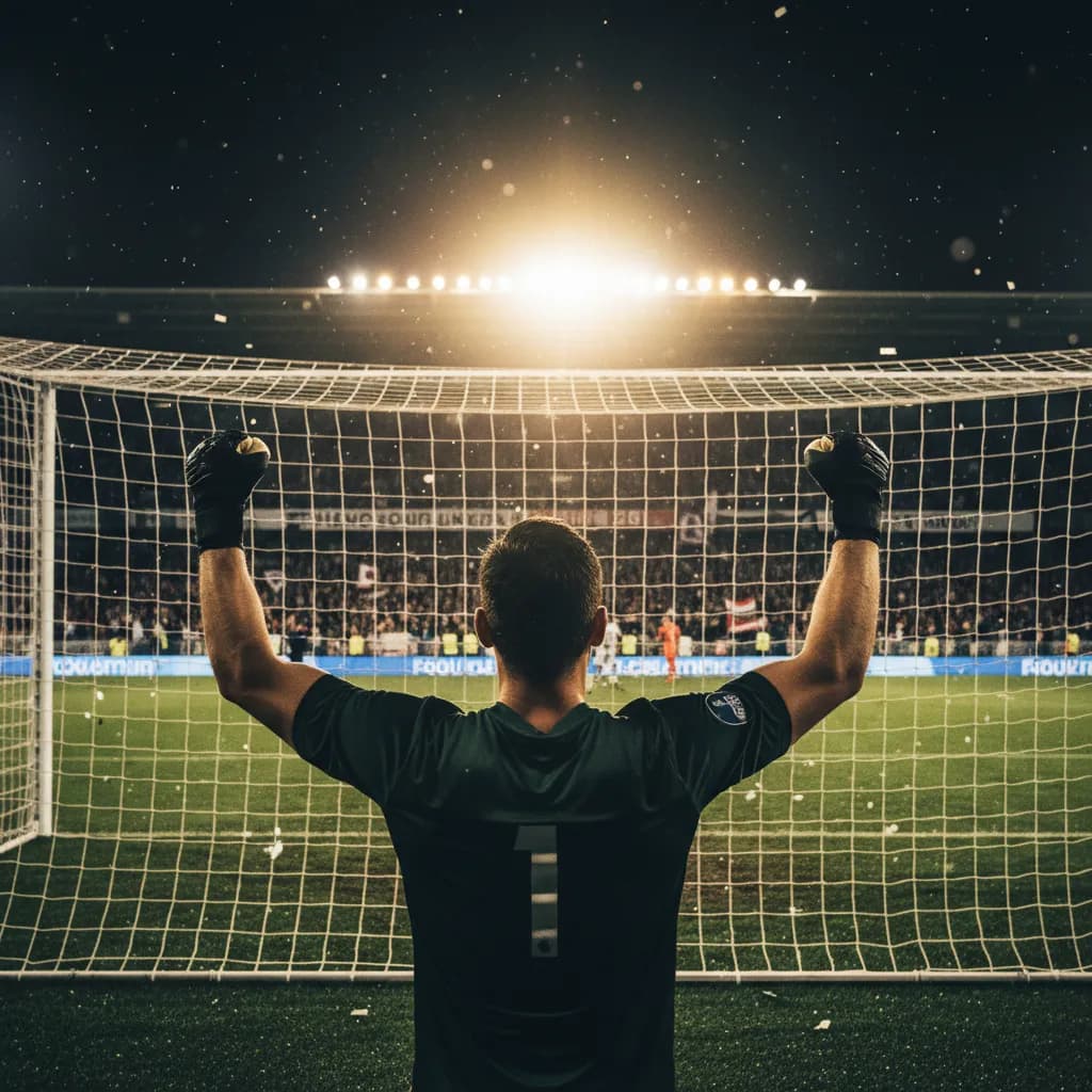 A goalkeeper celebrates saving a penalty during a World Cup shootout