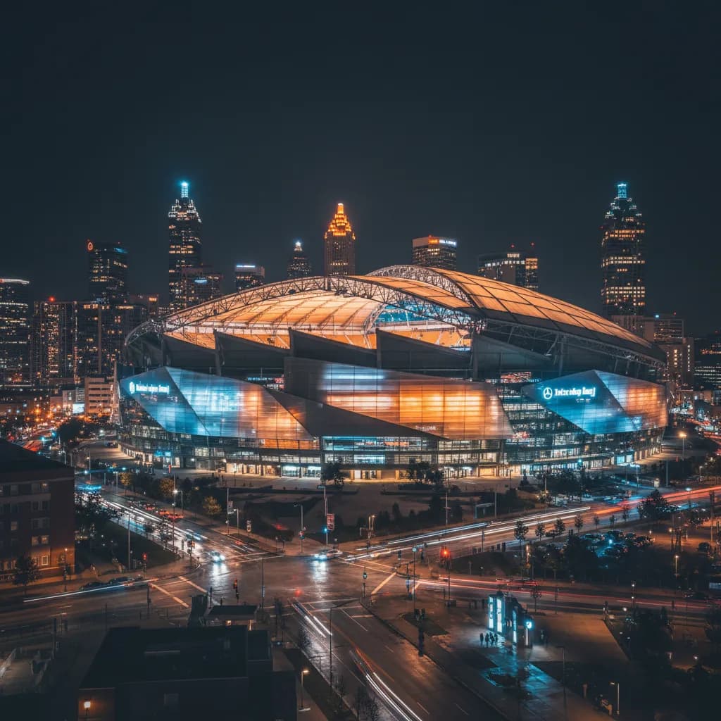 Mercedes-Benz Stadium in Atlanta glows at night with its distinctive retractable roof partially open