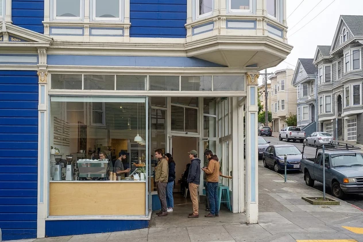 A corner specialty coffee bar on a San Francisco street in flat morning light, pale wood counter visible through a large window and a handful of people standing at the pass