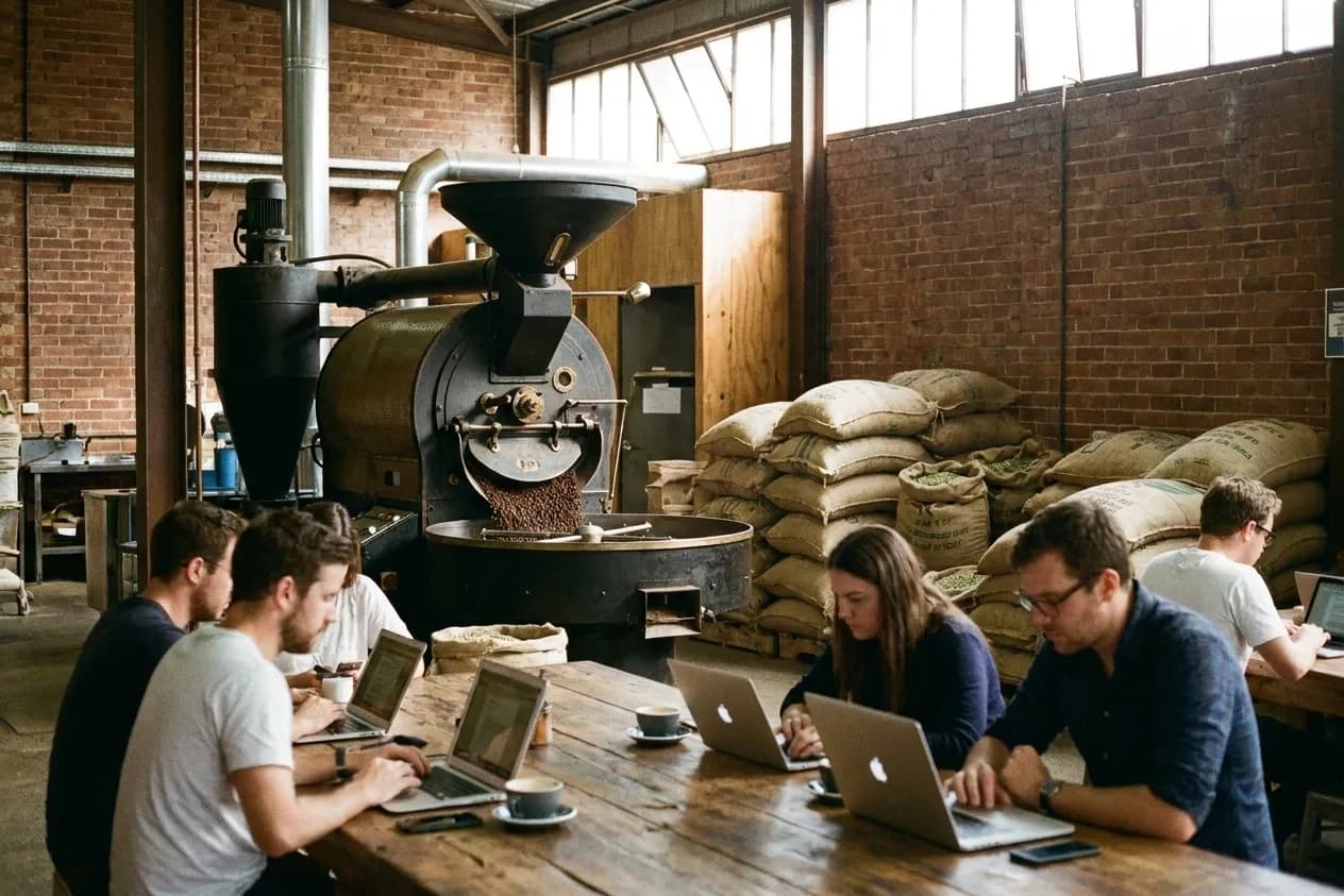 A working coffee roastery interior in a converted industrial building, a cast-iron drum roaster at the rear with sacks of green coffee stacked beside it and a long communal table in the foreground