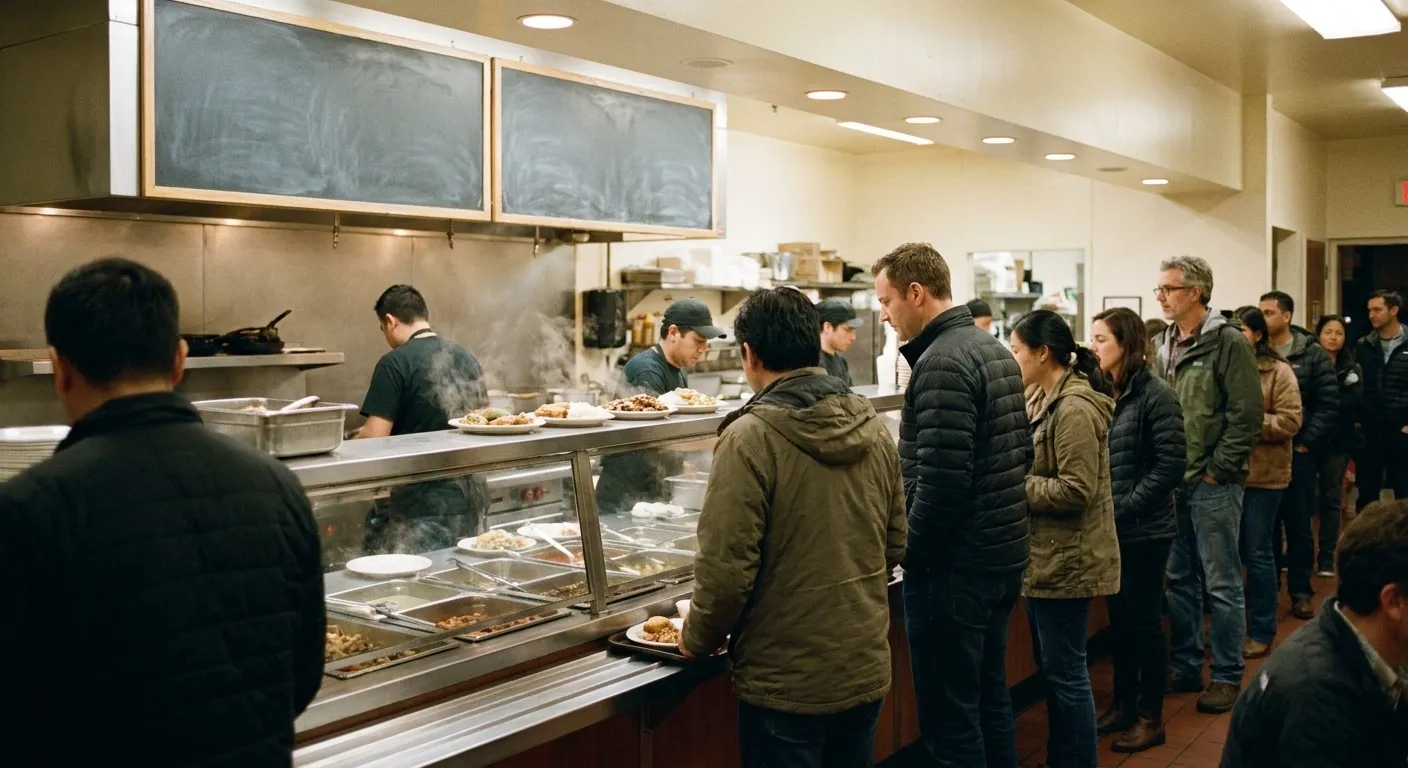 A busy counter-service restaurant at dinner time, trays of food along a steel counter and a queue of people waiting under warm overhead lights