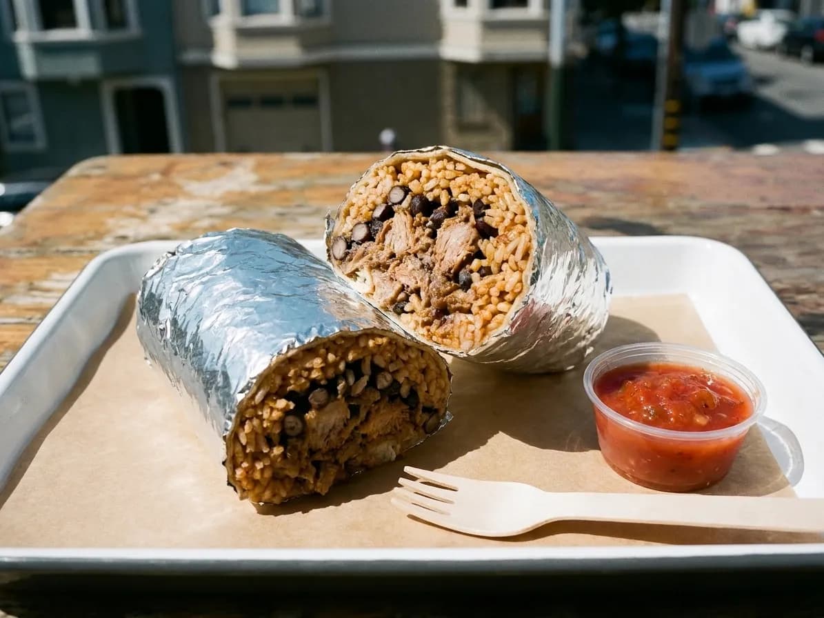 An overhead detail of a large foil-wrapped burrito cut in half on a paper-lined tray, the cross-section showing rice, beans and slow-cooked pork with a small cup of salsa beside it