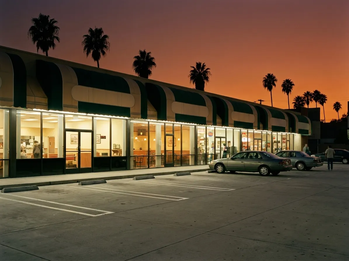 A modest strip-mall restaurant front at dusk with a lit interior, parking spaces in the foreground and palm trees against a fading sky