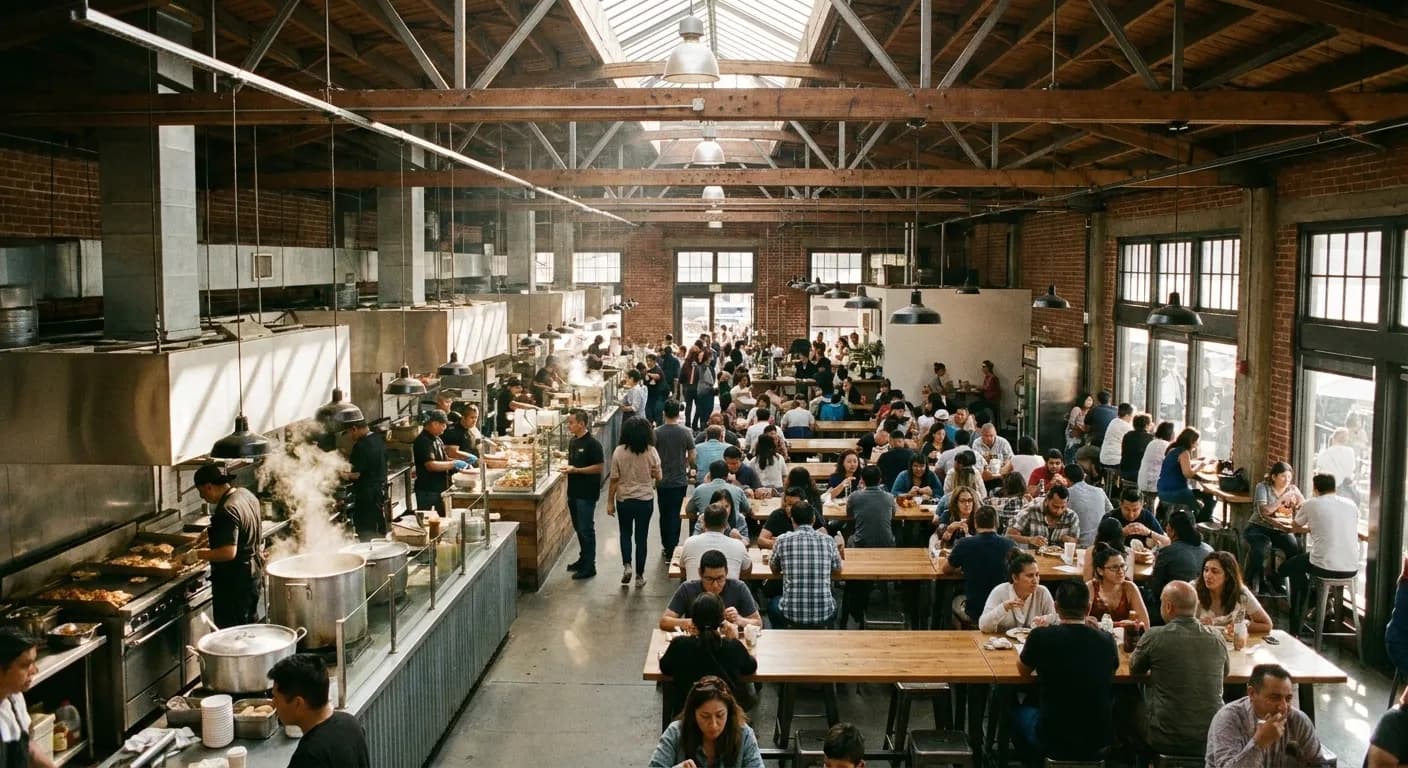 The interior of a busy covered food market hall with small stalls and griddles along one side, communal tables in the middle and a high industrial ceiling with hanging lights