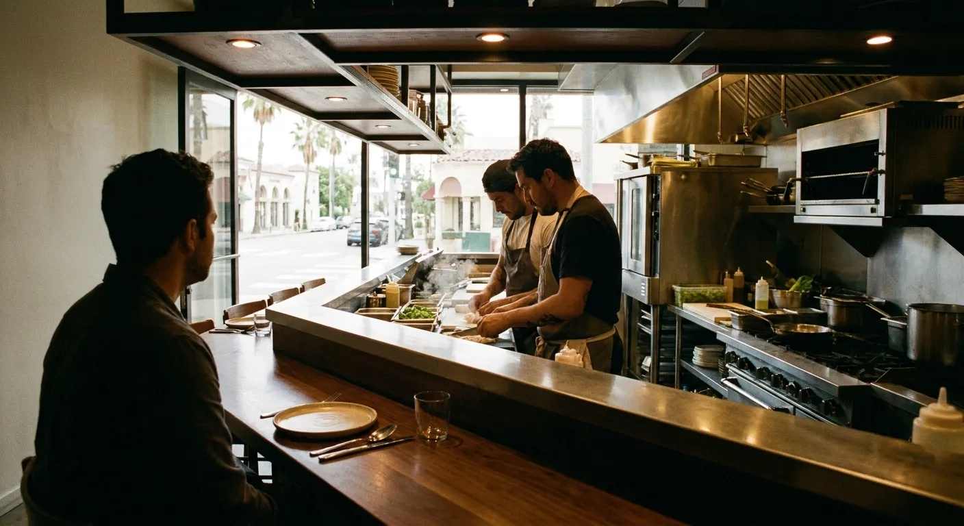 A person seated alone at a restaurant counter facing an open kitchen, one place setting and cooks working just beyond