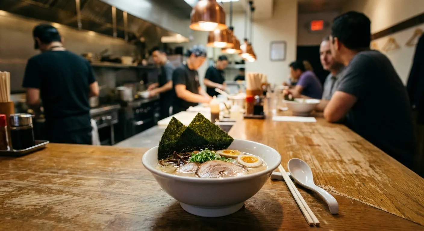 A bowl of ramen on a narrow wooden counter directly in front of a single seat with steam rising, the kitchen pass visible a few feet beyond in soft focus