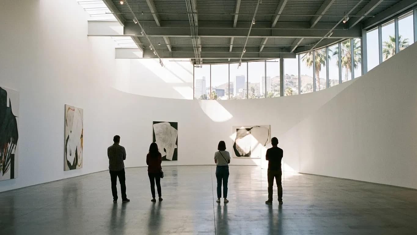 A bright gallery interior with visitors spread across the room