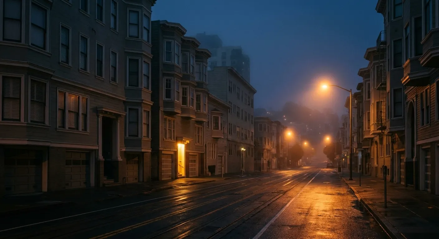 An empty city street at three in the morning, a single lit doorway partway down the block and wet asphalt reflecting streetlights