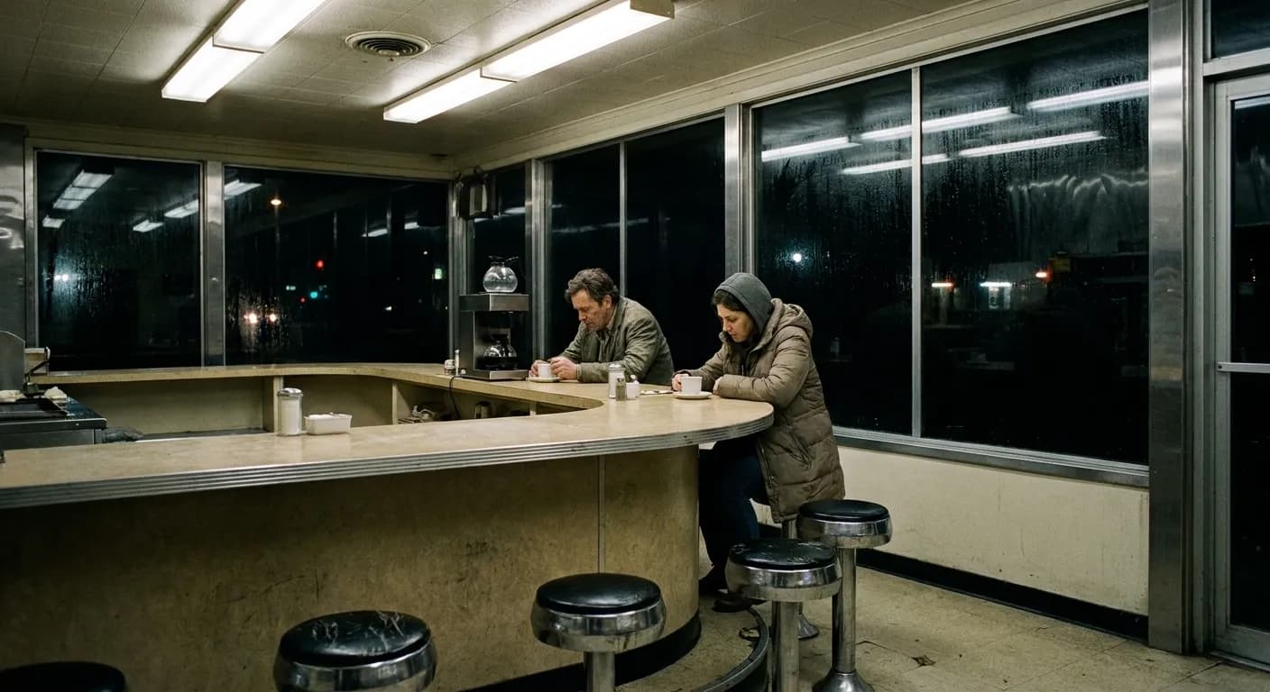 The interior of an old narrow diner in the small hours, a curved counter with worn chrome stools, two customers seated far apart and a coffee pot on a warmer under harsh fluorescent light