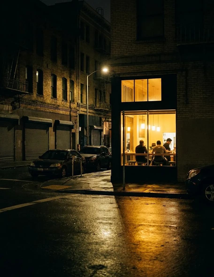 A lit restaurant window on a dark empty street with a few diners visible inside