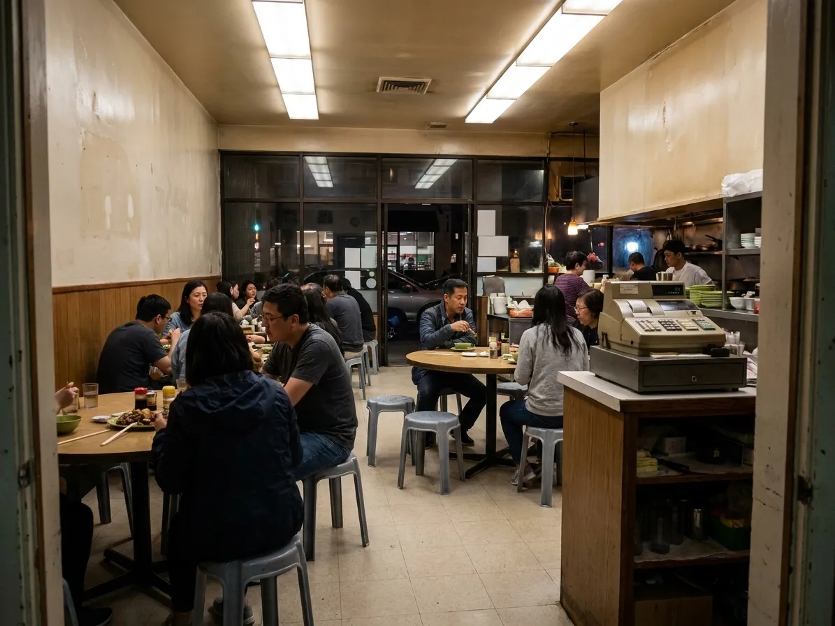 A plainly lit Chinese restaurant interior in San Francisco with round laminate tables and a few groups eating