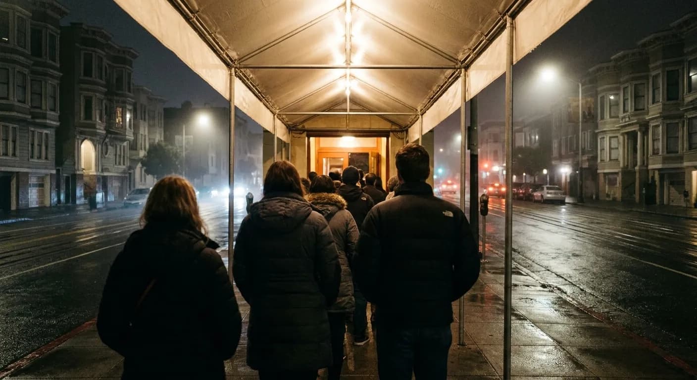 A short queue waiting outside a San Francisco music venue entrance beneath a lit awning at night