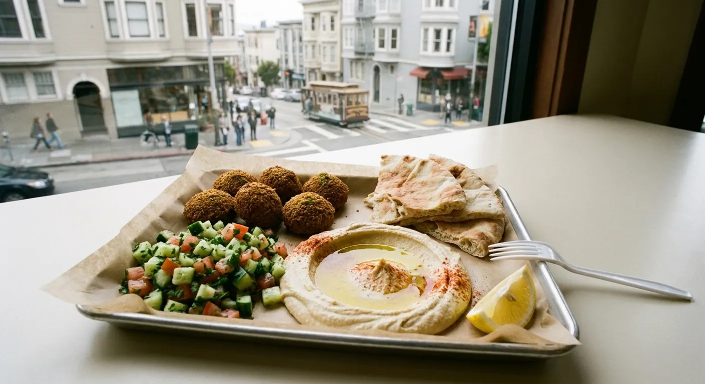 A plate of falafel, hummus, salad and warm flatbread on a paper-lined tray