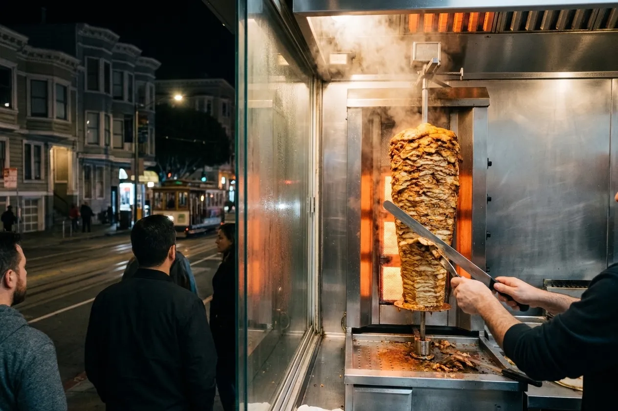 A vertical rotisserie of marinated meat turning behind the counter of a small San Francisco takeaway shop