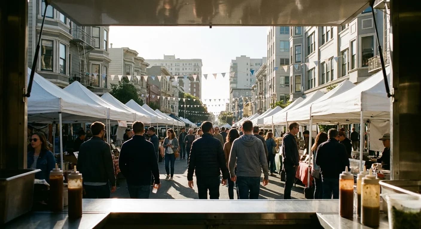 A busy outdoor street fair with stalls under white canopies along a city block