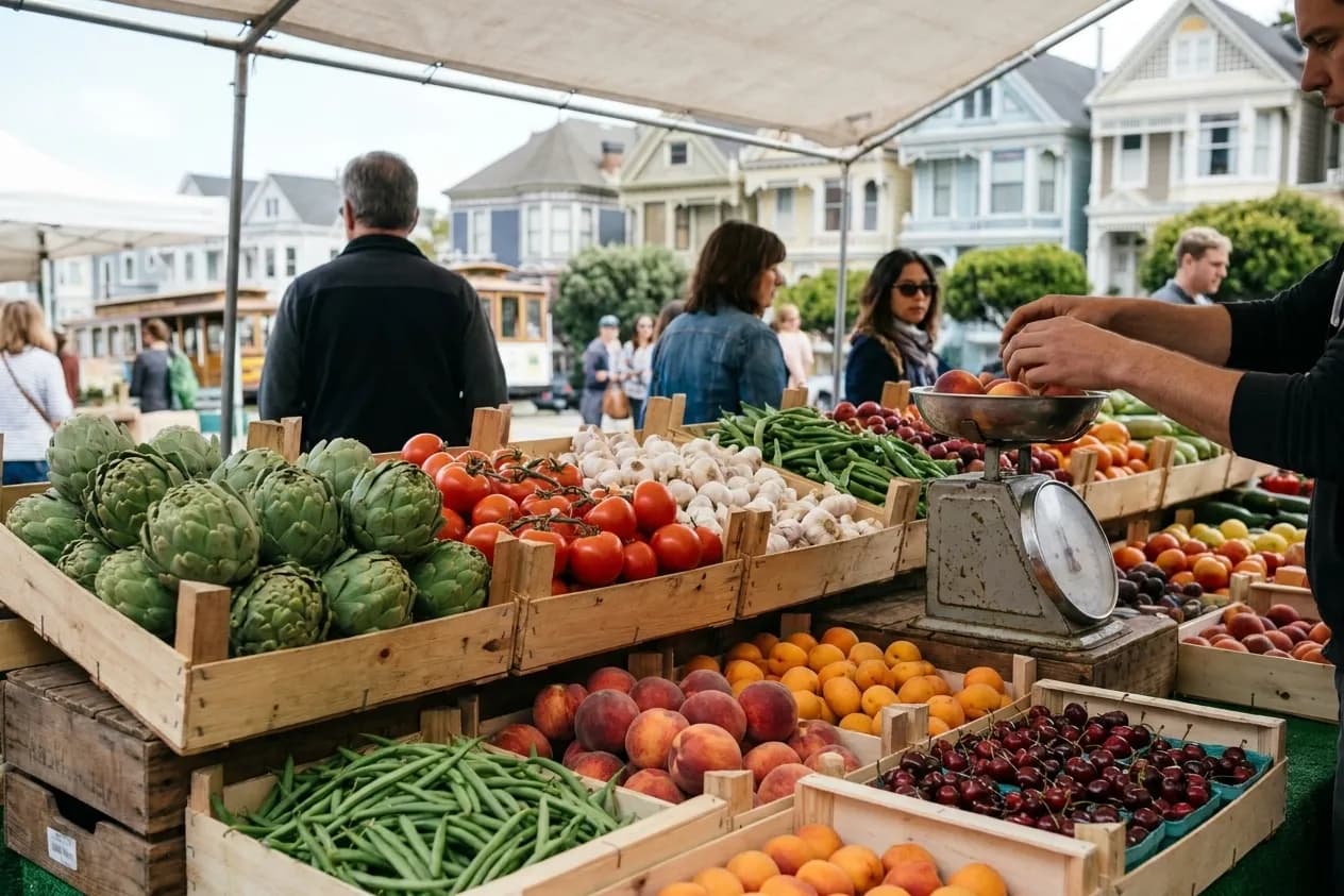 A farmers market produce stall in San Francisco stacked with crates of vegetables under a canvas awning