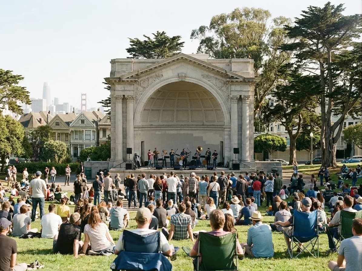 An outdoor bandshell concert in a park on a bright afternoon, an audience sitting on grass and folding chairs facing a stone stage