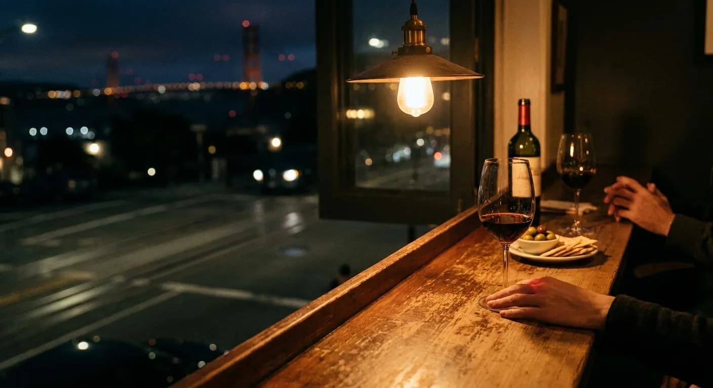 Two wine glasses on a narrow bar counter in a dimly lit San Francisco wine bar