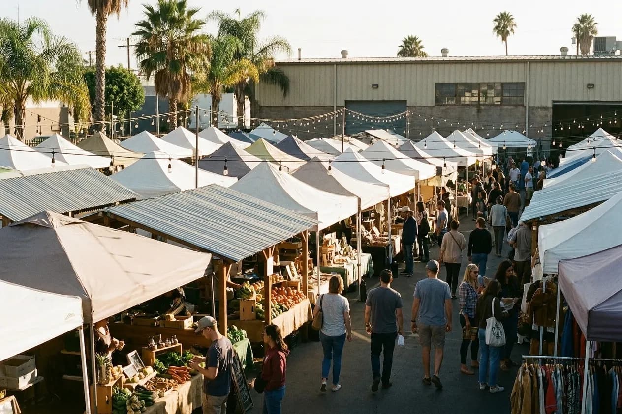 An outdoor market with stalls and shoppers under string lights in the late afternoon
