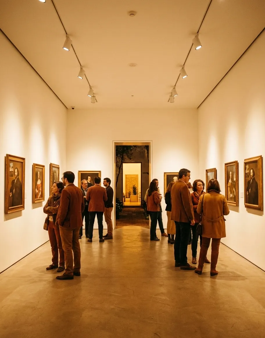 A white-walled Los Angeles gallery during an opening with visitors looking at large works on the walls