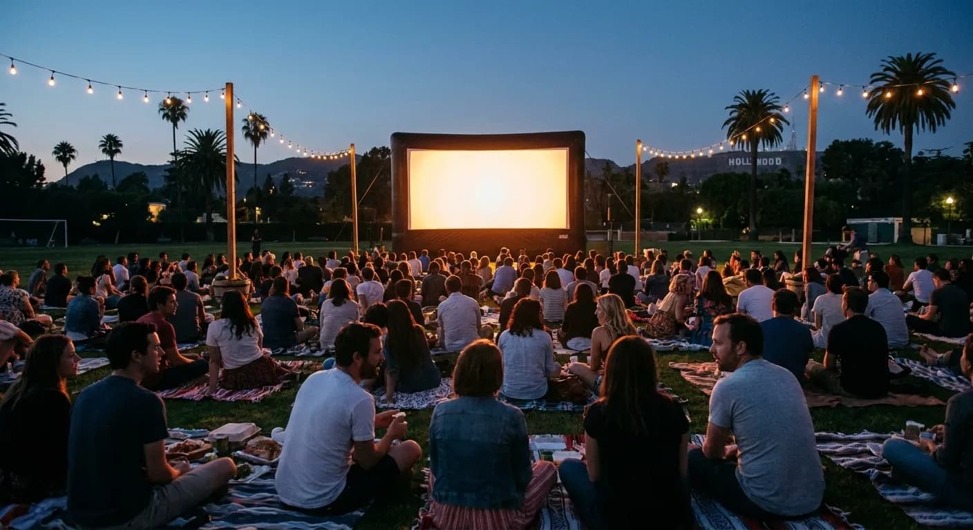 An outdoor film screening on a lawn at dusk, people on blankets facing a large screen with string lights above