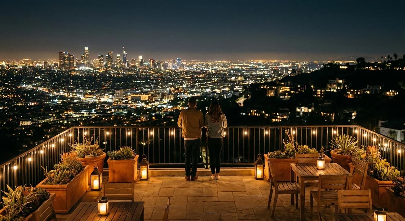 A rooftop terrace at night overlooking a vast grid of city lights, two people standing at the railing with their backs to camera under warm low lighting