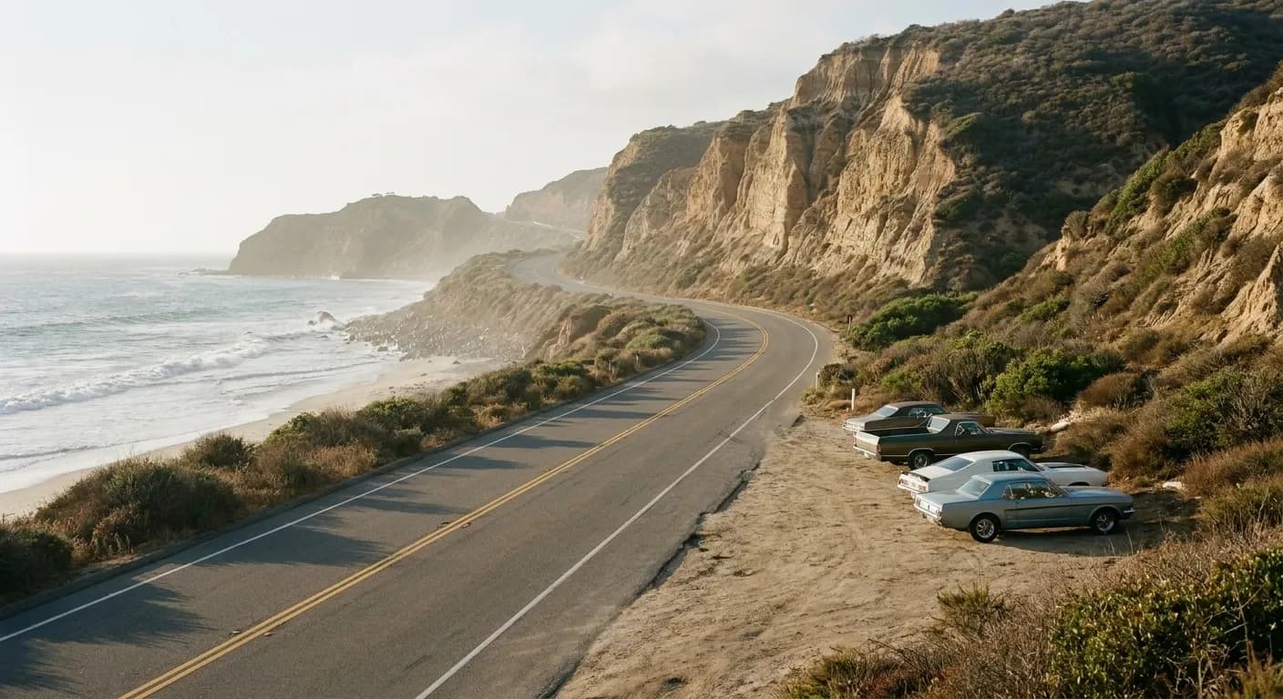 A two-lane coastal highway curving beneath crumbling cliffs near Los Angeles with the ocean beyond