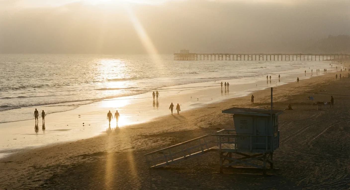 A long flat beach at golden hour with a few scattered figures near the waterline