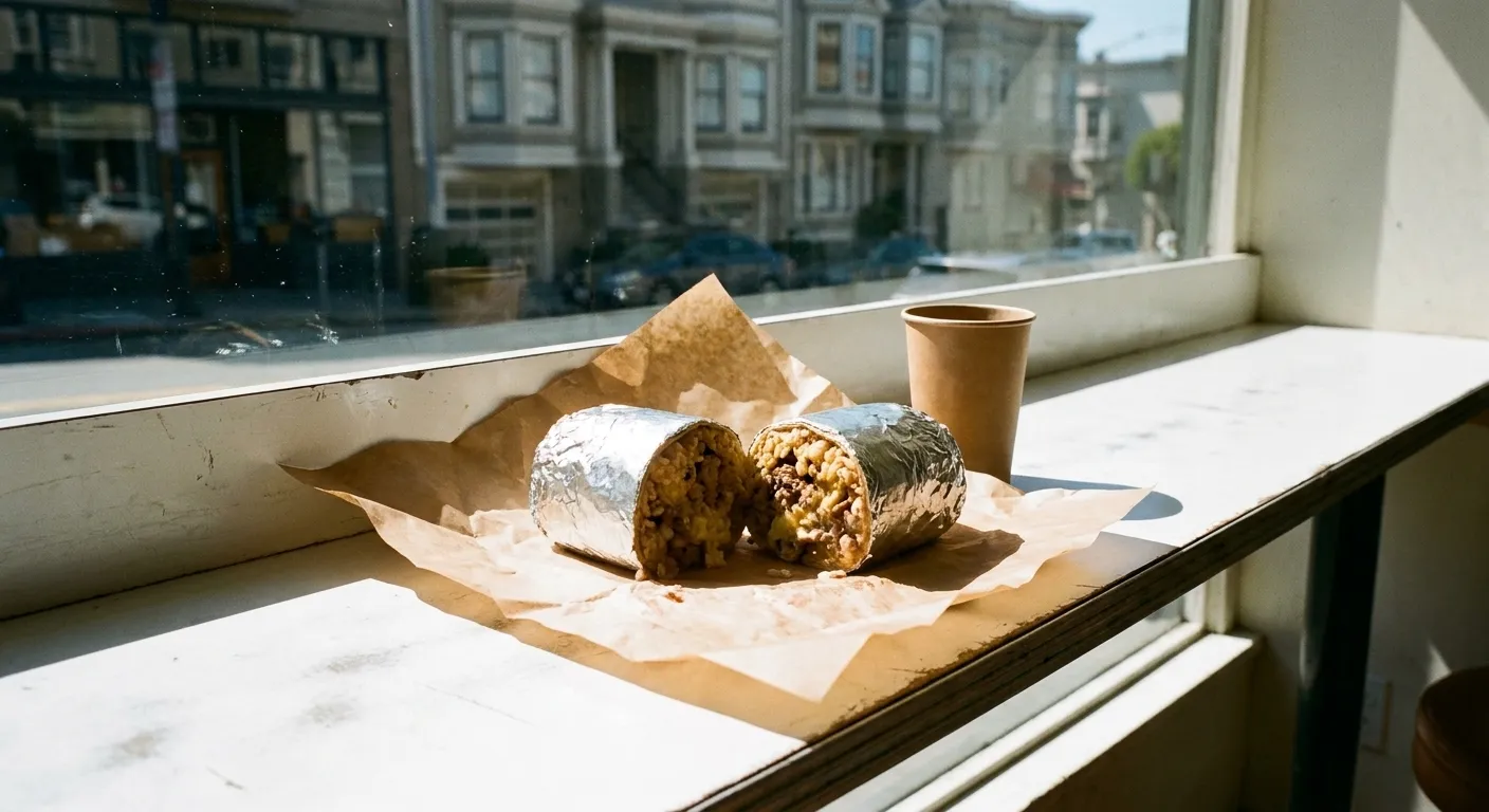 A foil-wrapped burrito cut in half on butcher paper next to a paper cup, on a small counter
