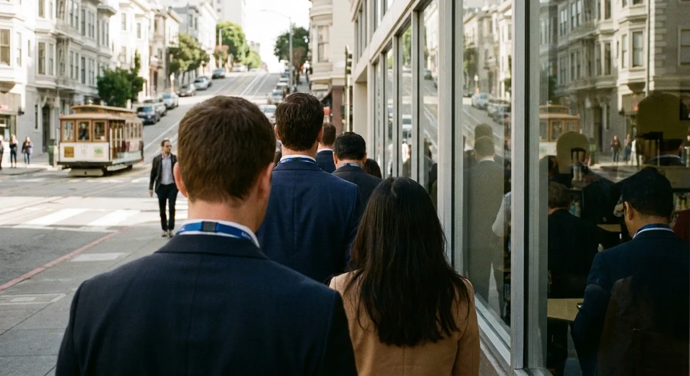 A weekday queue outside a small San Francisco lunch counter at midday, office workers waiting along the sidewalk
