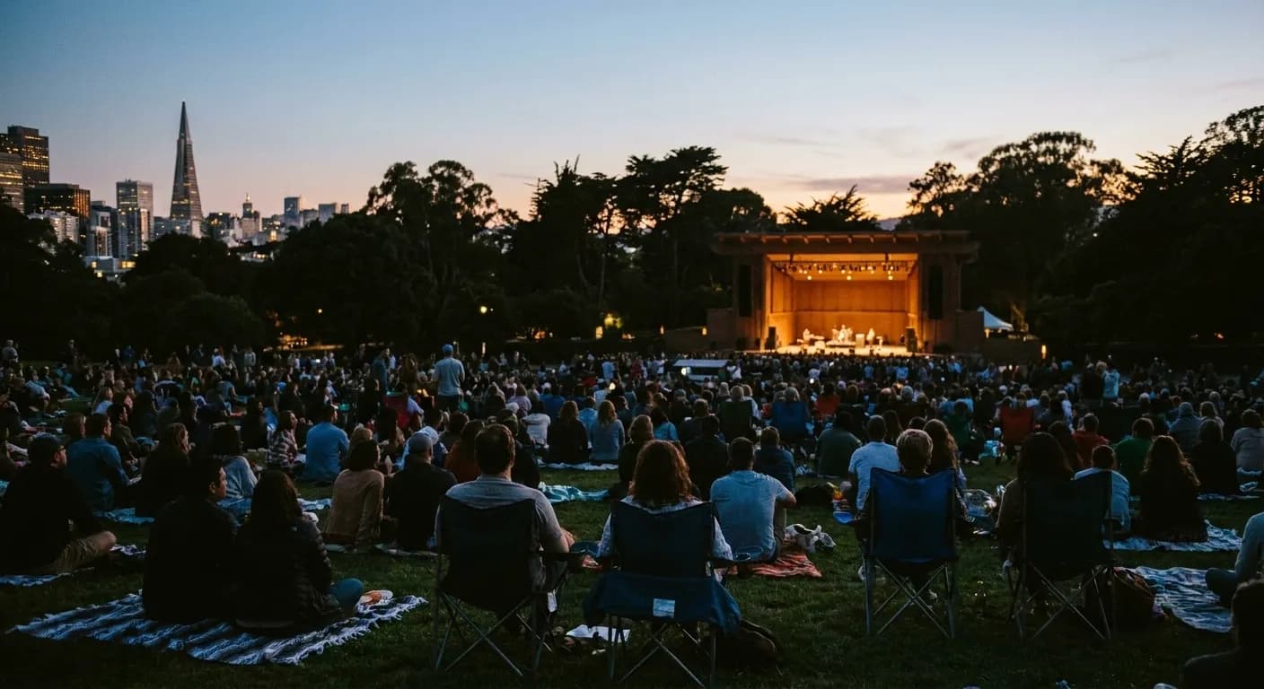 A crowd sitting on grass in a park at dusk facing a lit stage