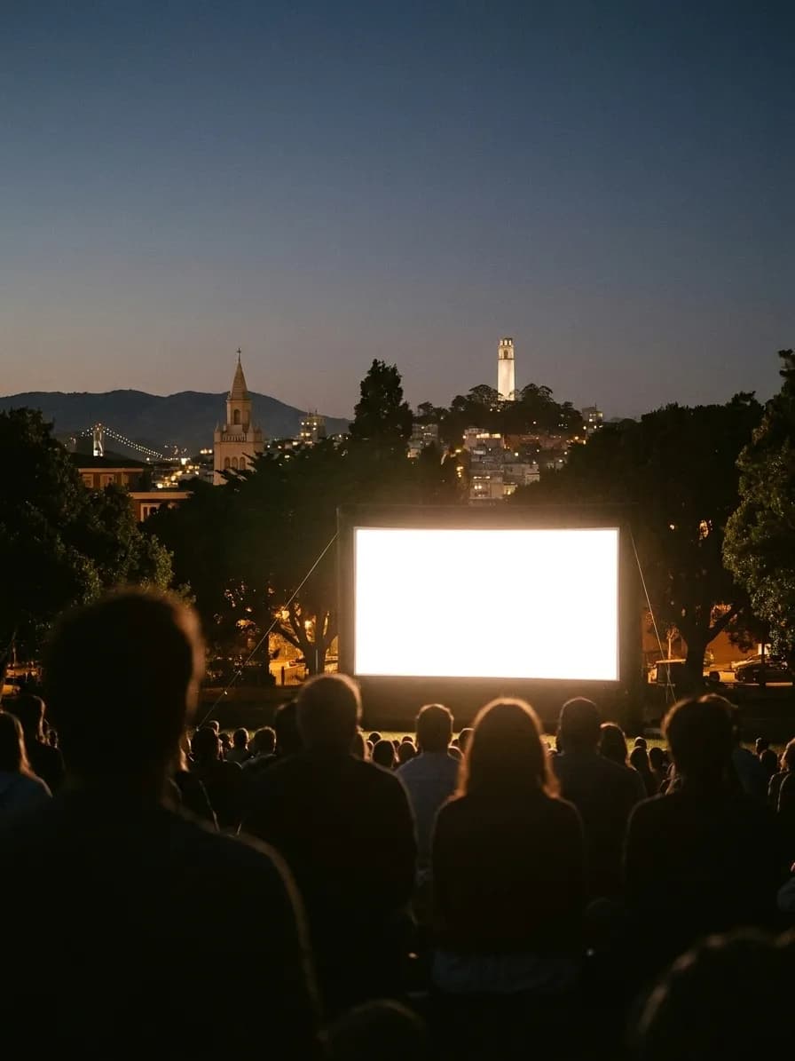 An outdoor evening screening seen from behind the audience