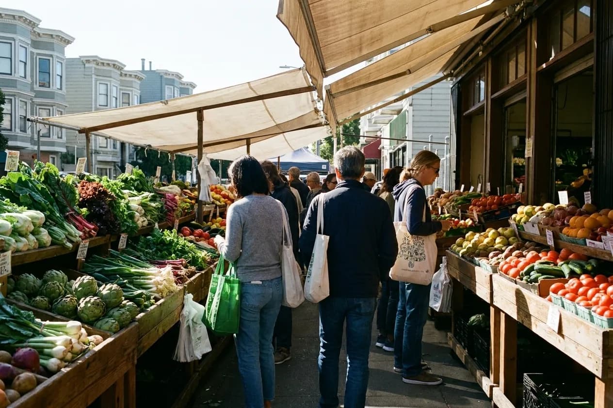 People browsing stalls at a neighbourhood market on a bright morning