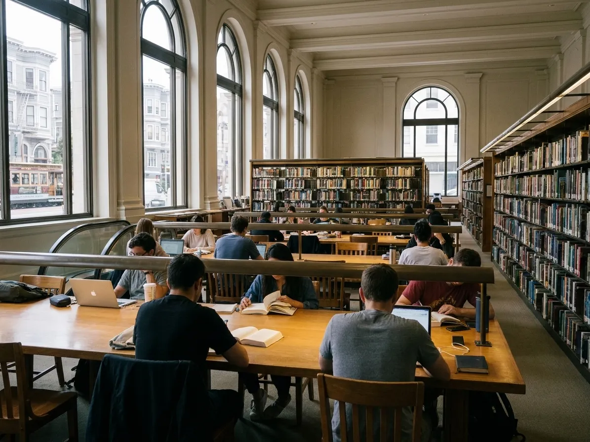 A public library reading room in the afternoon with people at long tables