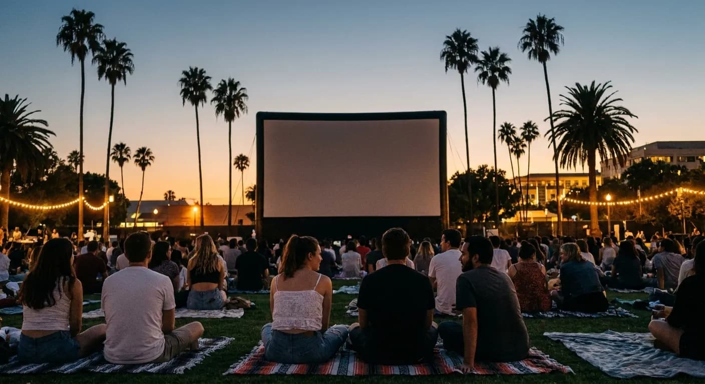 People seated on a lawn at dusk watching a distant screen