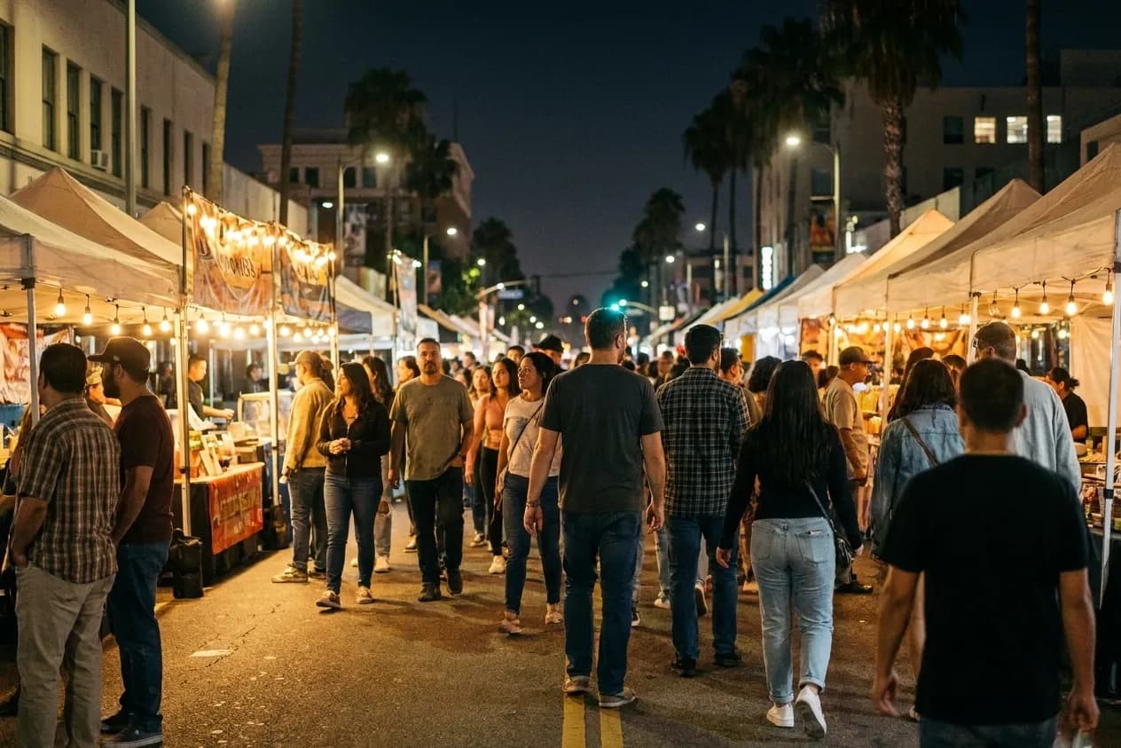 An evening street market with stalls under strung bulbs and a crowd moving between them