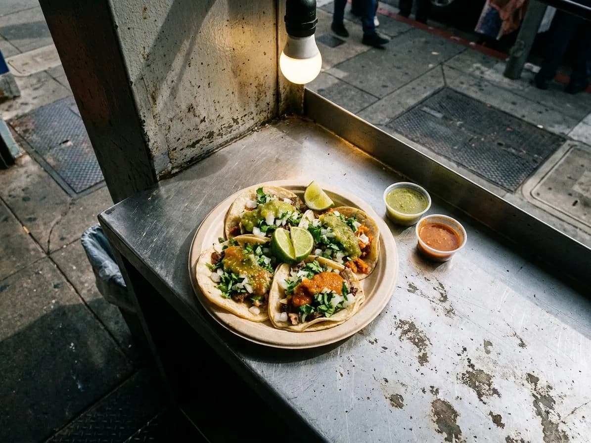 Four street tacos on a paper plate with lime, onion and salsa, shot from directly overhead