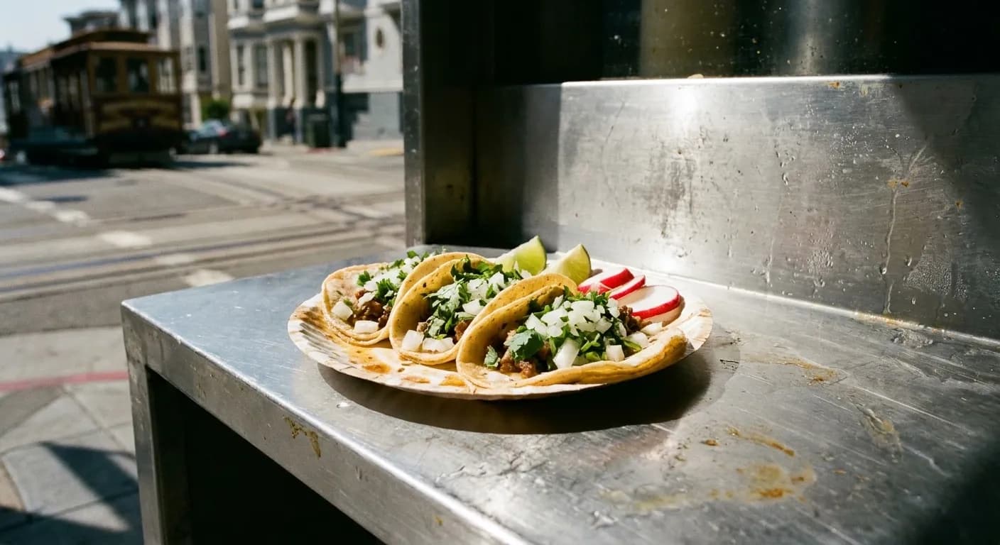 Three small street tacos on a paper plate with lime wedges and radish, shot close on a metal counter