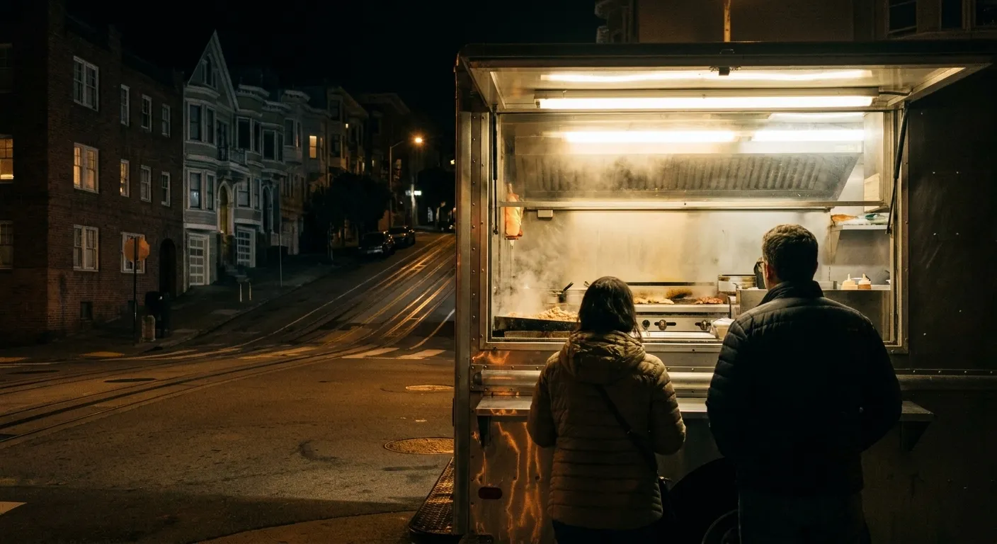 A food truck serving window at night lit from inside by fluorescent tubes, steam rising from a griddle with two people waiting outside