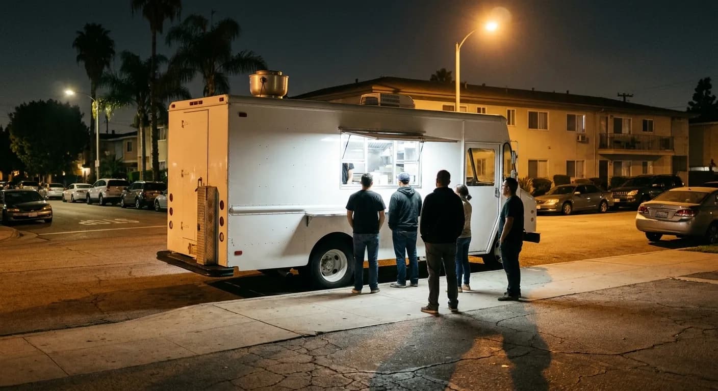 A taco truck parked under a streetlight with people gathered at the service window