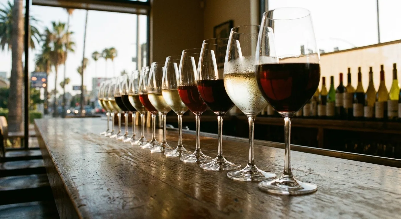 A row of wine glasses on a wooden bar with bottles lined up behind