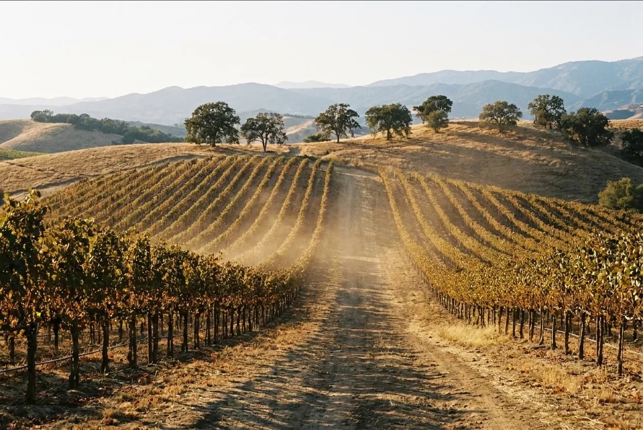 Rows of vines running across rolling dry California hills in long afternoon light